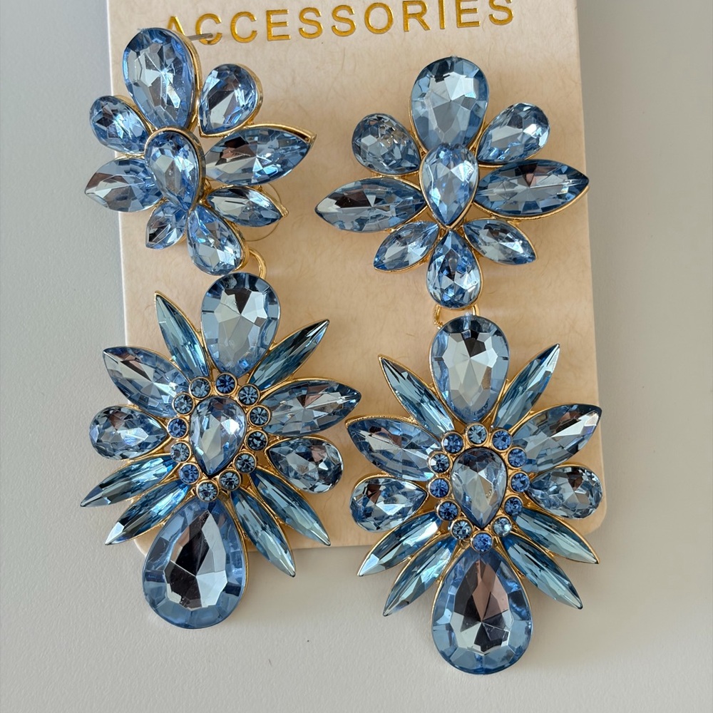 Blue Crystal Floral Drop Earrings - Women Accessories
